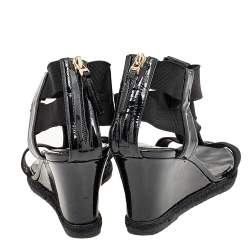 Pre Owned Fendi Black Patent Leather And Elastic T-Strap Espadrille Wedge Sandals Size 36.5