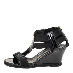Pre Owned Fendi Black Patent Leather And Elastic T-Strap Espadrille Wedge Sandals Size 36.5
