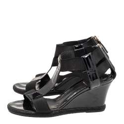 Pre Owned Fendi Black Patent Leather And Elastic T-Strap Espadrille Wedge Sandals Size 36.5