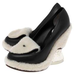 Pre Owned Fendi Black/Beige Leather And Shearling Wedge Pumps Size 40