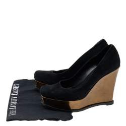 Pre Owned Fendi Black Suede Fendista Wedge Platform Pumps Size 37.5