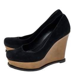 Pre Owned Fendi Black Suede Fendista Wedge Platform Pumps Size 37.5