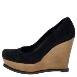 Pre Owned Fendi Black Suede Fendista Wedge Platform Pumps Size 37.5