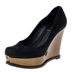 Pre Owned Fendi Black Suede Fendista Wedge Platform Pumps Size 37.5
