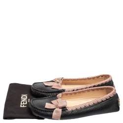  Fendi Black/Pink Leather And Fabric Bow Slip On Loafers Size 37