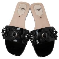 Pre Owned Fendi Black Patent Leather Flowerland Embellished Flat Slides Size 36
