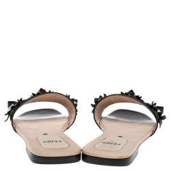 Pre Owned Fendi Black Patent Leather Flowerland Embellished Flat Slides Size 36