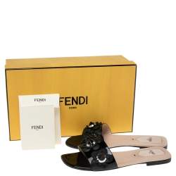 Pre Owned Fendi Black Patent Leather Flowerland Embellished Flat Slides Size 36