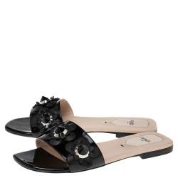 Pre Owned Fendi Black Patent Leather Flowerland Embellished Flat Slides Size 36