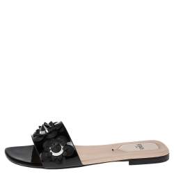 Pre Owned Fendi Black Patent Leather Flowerland Embellished Flat Slides Size 36
