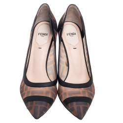 Pre Owned Fendi Brown/Black Zucca Mesh and Leather Colibri Pumps Size 39