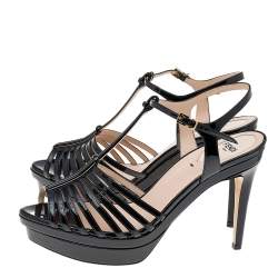 Pre Owned Fendi Black Patent Leather T-Strap Platform Sandals Size 38