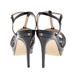 Pre Owned Fendi Black Patent Leather T-Strap Platform Sandals Size 38