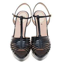 Pre Owned Fendi Black Patent Leather T-Strap Platform Sandals Size 38