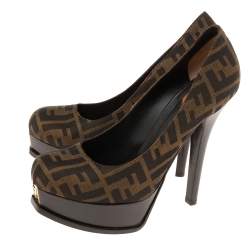 Pre Owned Fendi Tobacco Zucca Canvas Fendista Platform Pumps Size 40