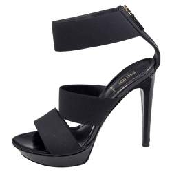 Fendi Black Stretch Band And Leather Strappy Ankle Cuff Sandals Size 39