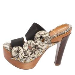 Pre Owned Fendi Beige/Brown Python Leather Platform Slide Sandals Size 38