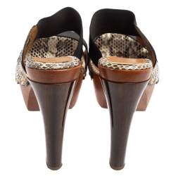 Pre Owned Fendi Beige/Brown Python Leather Platform Slide Sandals Size 38
