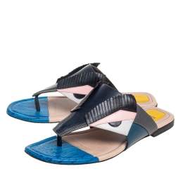 مملوكة مسبقًا Fendi Multicolor Leather And Lizard Embossed Leather Bug Monster Thong Sandals Size 38