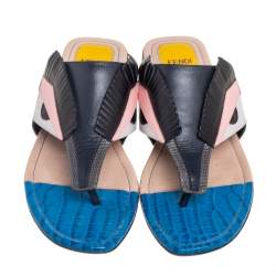 مملوكة مسبقًا Fendi Multicolor Leather And Lizard Embossed Leather Bug Monster Thong Sandals Size 38