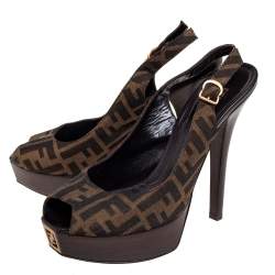 Pre Owned Fendi Tobacco Zucca Canvas Fendista Platform Slingback Sandals Size 41