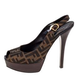 Pre Owned Fendi Tobacco Zucca Canvas Fendista Platform Slingback Sandals Size 41