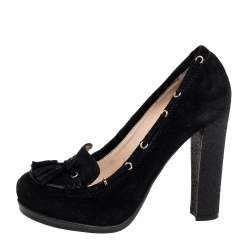 Fendi Black Suede Tassel Detail Loafer Pumps Size 37