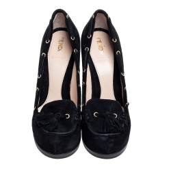 Fendi Black Suede Tassel Detail Loafer Pumps Size 37