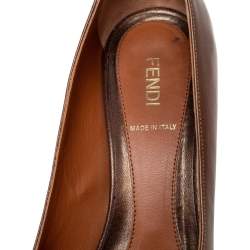 Pre Owned Fendi Metallic Bronze Leather Zucchino Heel Peep Toe Pumps Size 38.5