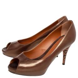 Pre Owned Fendi Metallic Bronze Leather Zucchino Heel Peep Toe Pumps Size 38.5