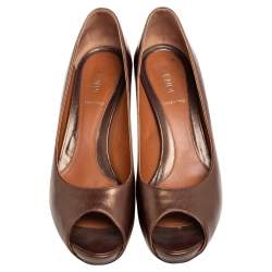 Pre Owned Fendi Metallic Bronze Leather Zucchino Heel Peep Toe Pumps Size 38.5