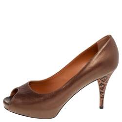Pre Owned Fendi Metallic Bronze Leather Zucchino Heel Peep Toe Pumps Size 38.5