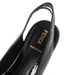 مملوكة مسبقًا Fendi Black Crinkled Patent Leather FF Wedge Slingback Sandals Size 37