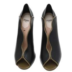 Pre Owned Fendi Black/Olive Green Wave Leather Block Heel Peep Toe Pumps Size 37