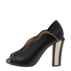 Pre Owned Fendi Black/Olive Green Wave Leather Block Heel Peep Toe Pumps Size 37