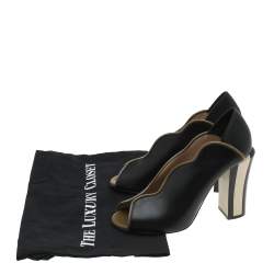 Pre Owned Fendi Black/Olive Green Wave Leather Block Heel Peep Toe Pumps Size 37