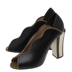 Pre Owned Fendi Black/Olive Green Wave Leather Block Heel Peep Toe Pumps Size 37