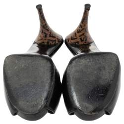 Pre Owned Fendi Black Patent Leather FF Superstar Peep-Toe Mules Size 36