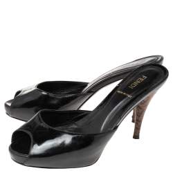 Pre Owned Fendi Black Patent Leather FF Superstar Peep-Toe Mules Size 36