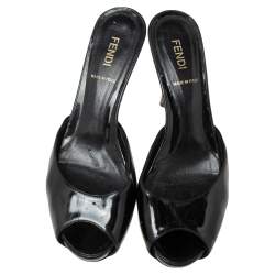 Pre Owned Fendi Black Patent Leather FF Superstar Peep-Toe Mules Size 36