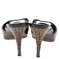 Pre Owned Fendi Black Patent Leather FF Superstar Peep-Toe Mules Size 36