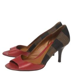 Pre Owned Fendi Tri-Color Leather And Pequin Canvas Open-Toe Pumps Size 35.5