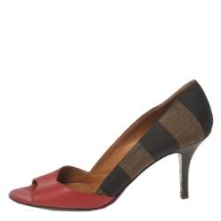 Pre Owned Fendi Tri-Color Leather And Pequin Canvas Open-Toe Pumps Size 35.5