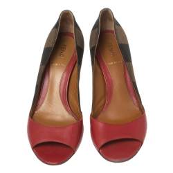 Pre Owned Fendi Tri-Color Leather And Pequin Canvas Open-Toe Pumps Size 35.5