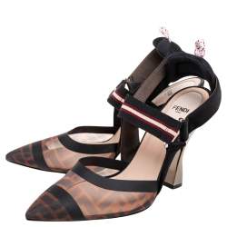 Pre Owned Fendi Brown/Black Zucca Mesh And Leather Colibri Slingback Sandals Size 39