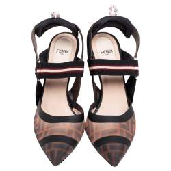 Pre Owned Fendi Brown/Black Zucca Mesh And Leather Colibri Slingback Sandals Size 39