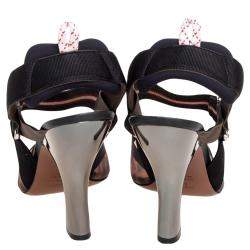 Pre Owned Fendi Brown/Black Zucca Mesh And Leather Colibri Slingback Sandals Size 39