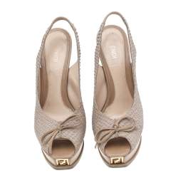 Fendi Beige Python Embossed Leather Fendista Bow Slingback Sandals Size 37