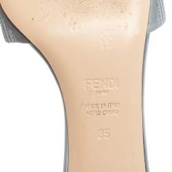 Pre Owned Fendi Blue Satin Logo Embroidered Block Heel Slides Size 35