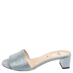 Pre Owned Fendi Blue Satin Logo Embroidered Block Heel Slides Size 35